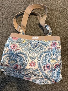 Studio Beige Floral Canvas Tote with Blue and Pink Accents
